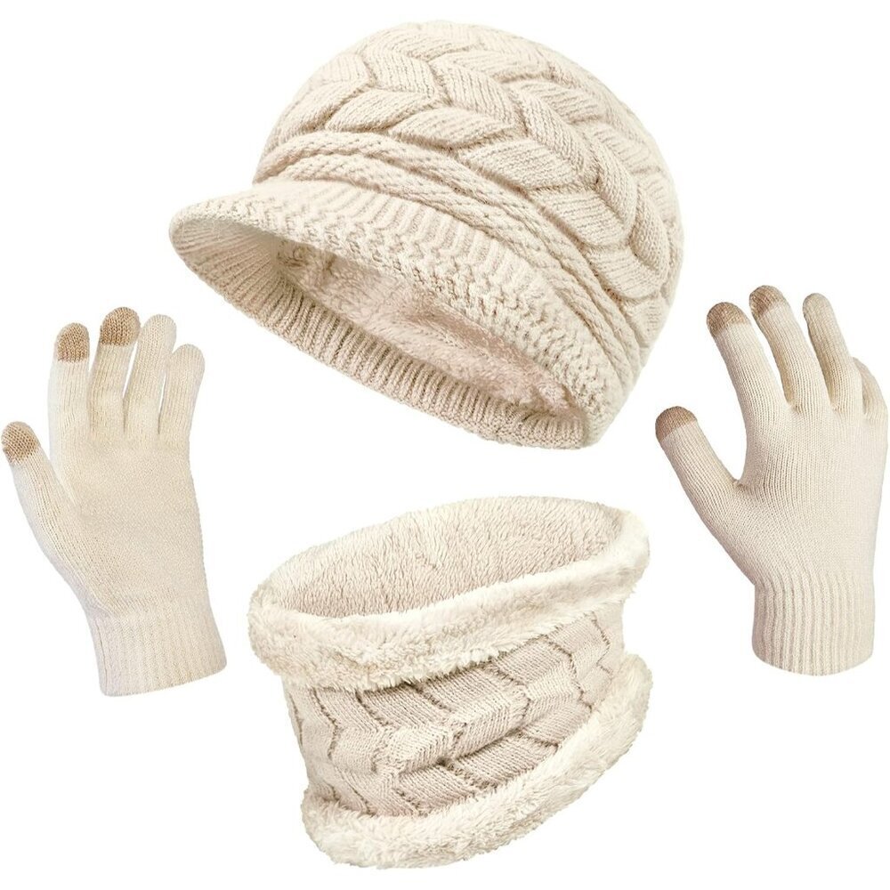 Winter Hat Gloves Scarf Set Women Knit Beanie Neck Warmer Touch Screen